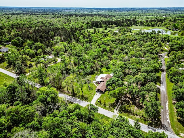 birds eye view of property featuring a view of trees and a water view