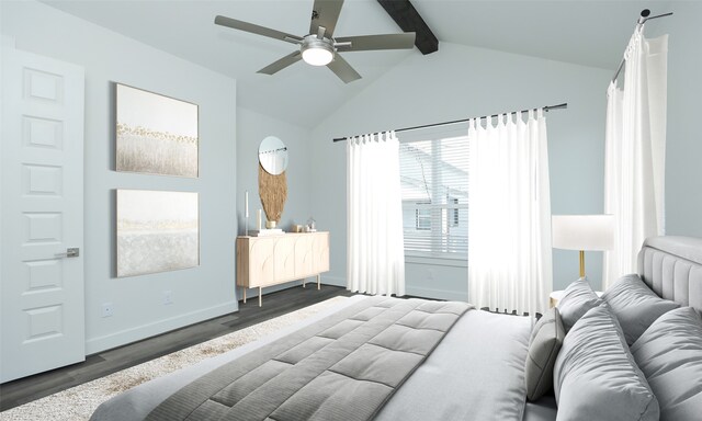 121 E 43rd St Unit B, Houston, TX 77018 - bedroom featuring baseboards, ceiling fan, wood finished floors, and lofted ceiling with beams