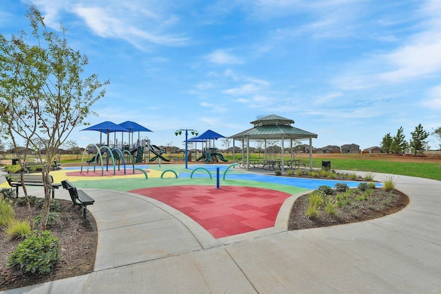 surrounding community with playground community, a gazebo, and a lawn