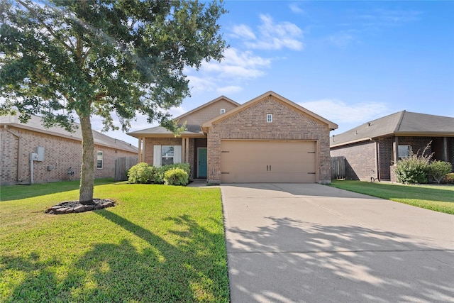 7529 Topaz Way, Texas City, TX 77591 - ranch-style home with fence, a garage, brick siding, a front lawn, and driveway