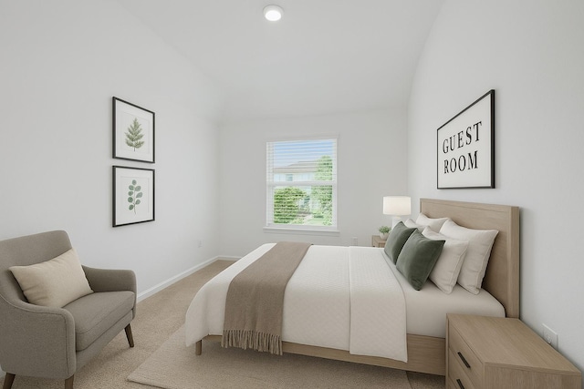 bedroom with baseboards, carpet flooring, and vaulted ceiling