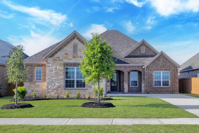 view of front of property featuring stone siding, a front yard, brick siding, roof with shingles, and driveway