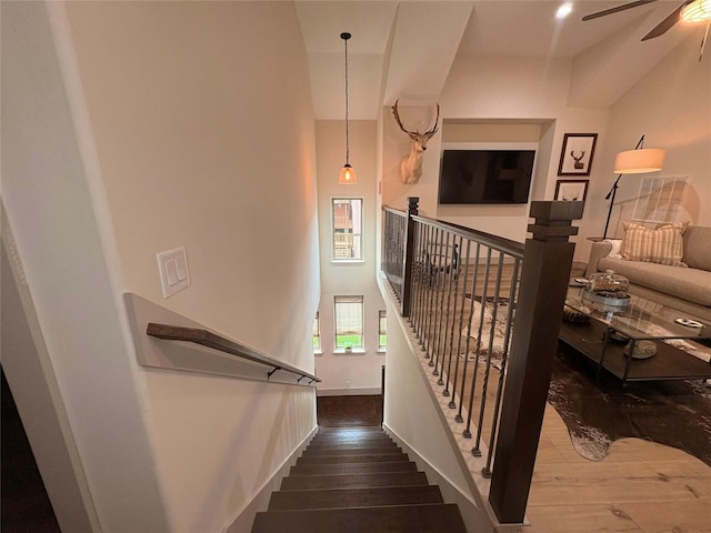 stairs featuring wood-type flooring, a ceiling fan, and baseboards