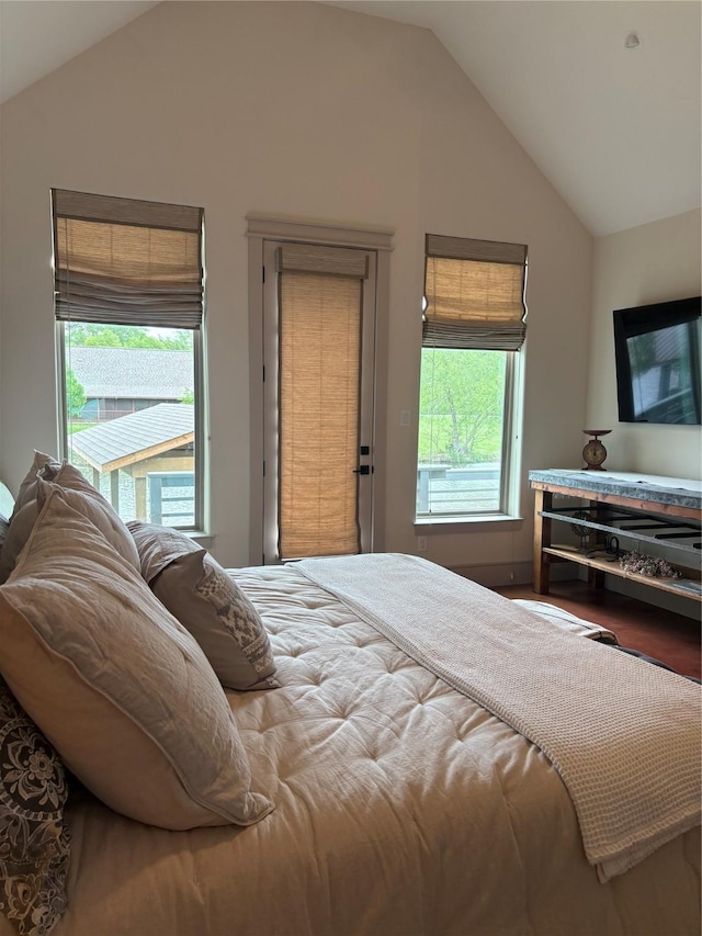 bedroom with wood finished floors, multiple windows, and vaulted ceiling