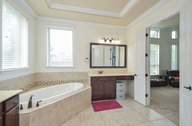 full bath featuring crown molding, tile patterned floors, a bath, and vanity
