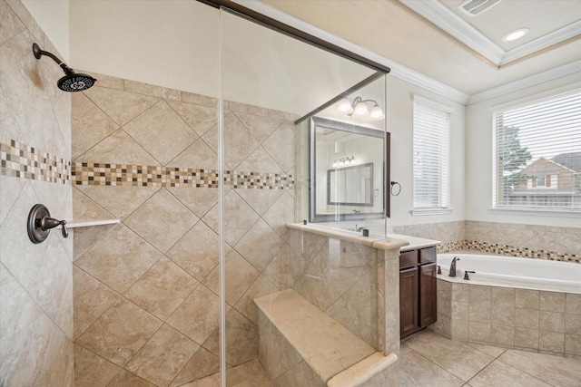 27 Tioga Pl, The Woodlands, TX 77375 - full bathroom featuring crown molding, a garden tub, tiled shower, vanity, and tile patterned floors