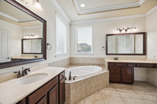 27 Tioga Pl, The Woodlands, TX 77375 - full bath with a bath, crown molding, plenty of natural light, two vanities, and tile patterned floors
