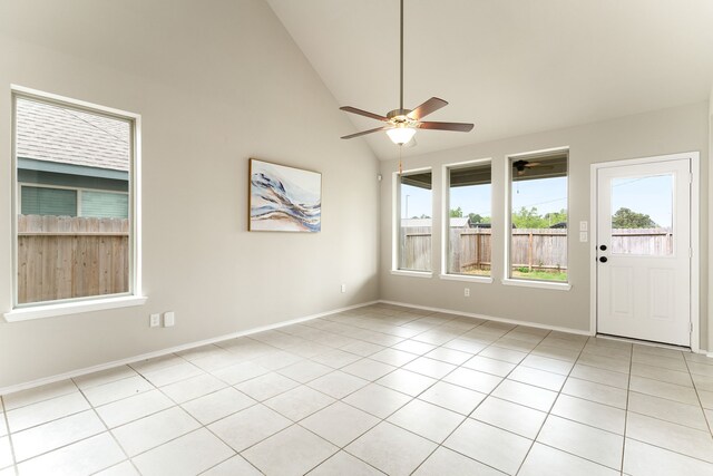 5014 Aspen Orchard Dr, Houston, TX 77066 - unfurnished room with a ceiling fan, light tile patterned flooring, baseboards, and high vaulted ceiling