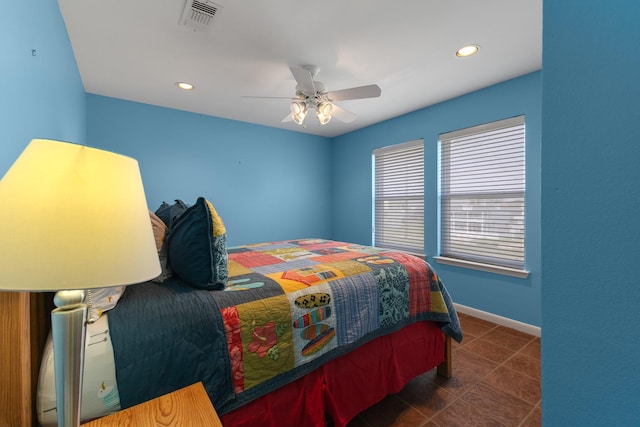 22915 Gulf Dr, Galveston, TX 77554 - tiled bedroom featuring recessed lighting, baseboards, ceiling fan, and visible vents