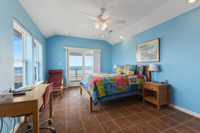 22915 Gulf Dr, Galveston, TX 77554 - bedroom featuring dark tile patterned flooring, baseboards, access to outside, and vaulted ceiling
