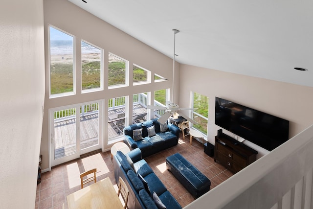 22915 Gulf Dr, Galveston, TX 77554 - tiled living area with a towering ceiling