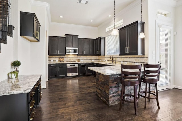 13217 Green Hills Dr, Houston, TX 77077 - kitchen featuring appliances with stainless steel finishes, a sink, light stone counters, backsplash, and dark wood-style flooring