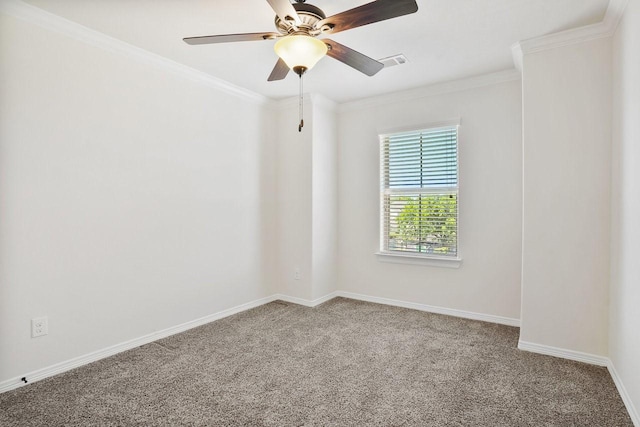 13217 Green Hills Dr, Houston, TX 77077 - empty room featuring carpet, crown molding, ceiling fan, and baseboards