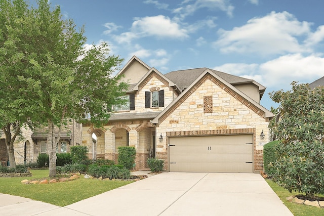 3411 Heather Garden Trl, Richmond, TX 77406 - french country home with stone siding, concrete driveway, a front yard, brick siding, and a garage