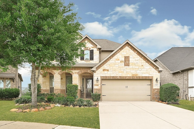 3411 Heather Garden Trl, Richmond, TX 77406 - french country home with concrete driveway, stone siding, an attached garage, and a shingled roof