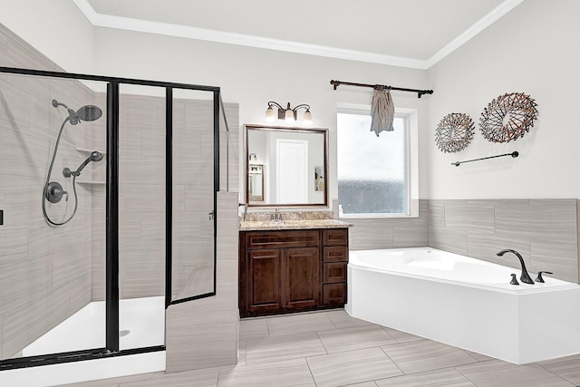 3411 Heather Garden Trl, Richmond, TX 77406 - bathroom with a stall shower, a bath, vanity, and ornamental molding