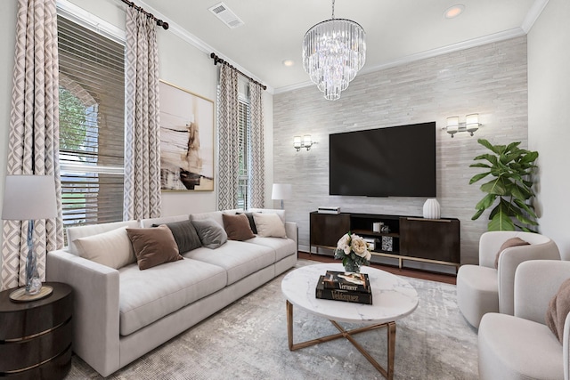3411 Heather Garden Trl, Richmond, TX 77406 - living room with crown molding, a chandelier, recessed lighting, and tile walls