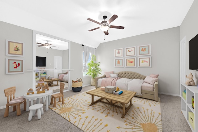 3411 Heather Garden Trl, Richmond, TX 77406 - living area featuring a ceiling fan, carpet flooring, and baseboards