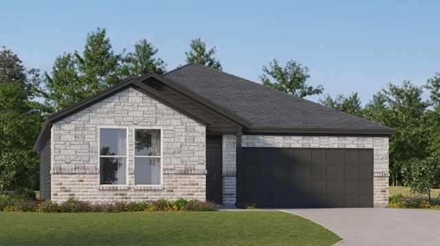 view of front facade with stone siding, a front yard, driveway, and an attached garage