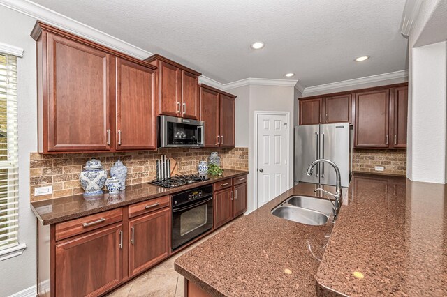 kitchen with stainless steel appliances, a sink, crown molding, backsplash, and recessed lighting