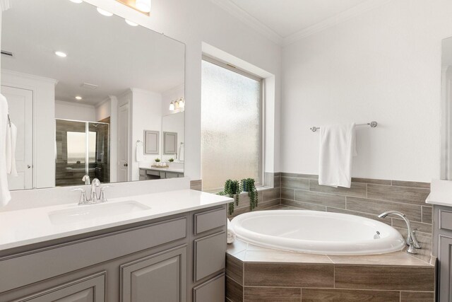 6518 Fairway Glen Ln, Katy, TX 77493 - full bath featuring crown molding, a bath, a shower stall, and vanity