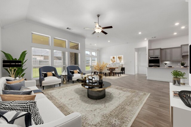6518 Fairway Glen Ln, Katy, TX 77493 - living area with recessed lighting, light wood-style floors, a ceiling fan, visible vents, and baseboards