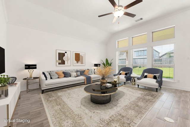 6518 Fairway Glen Ln, Katy, TX 77493 - living room with wood finished floors, visible vents, ceiling fan, and baseboards