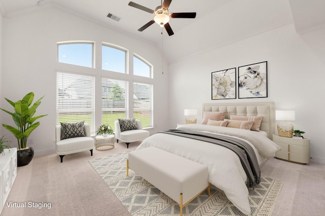 6518 Fairway Glen Ln, Katy, TX 77493 - bedroom featuring crown molding, visible vents, baseboards, carpet, and a ceiling fan