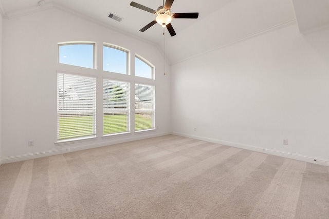 6518 Fairway Glen Ln, Katy, TX 77493 - spare room with lofted ceiling, visible vents, crown molding, and a ceiling fan