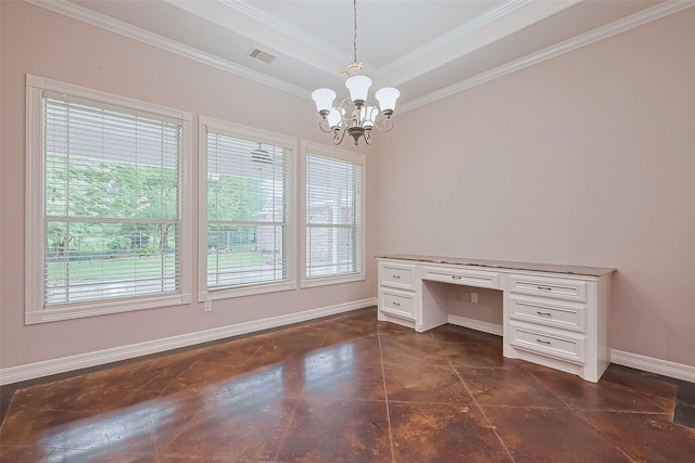 unfurnished office featuring a tray ceiling, visible vents, built in study area, baseboards, and a notable chandelier