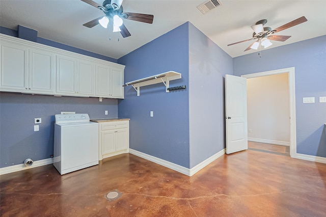 clothes washing area with cabinet space, washer / clothes dryer, a ceiling fan, and visible vents