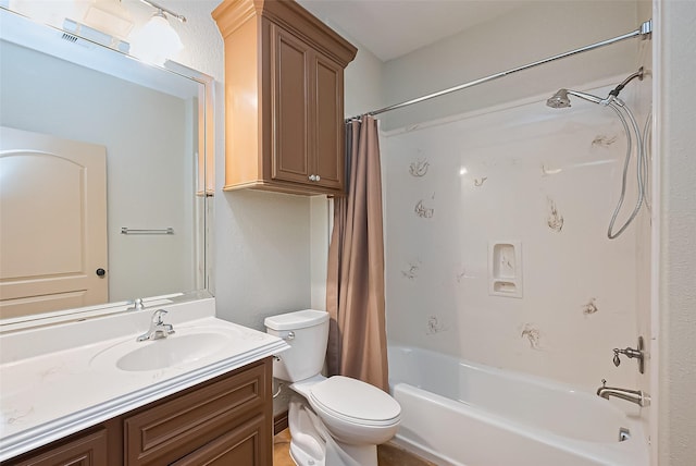 bathroom featuring toilet, shower / bathtub combination with curtain, and vanity