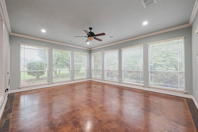 unfurnished sunroom with crown molding, visible vents, and a textured ceiling