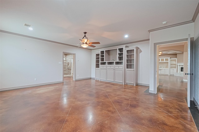 unfurnished living room with finished concrete floors, visible vents, baseboards, and ceiling fan