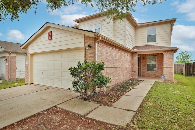 22110 Orchard Dale Dr, Spring, TX 77389 - view of front of home featuring concrete driveway, a front lawn, an attached garage, brick siding, and fence