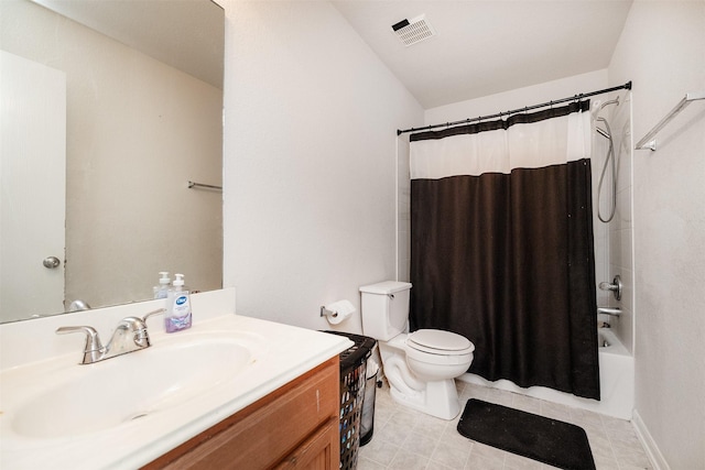 22110 Orchard Dale Dr, Spring, TX 77389 - full bath featuring shower / bathtub combination with curtain, vanity, tile patterned flooring, visible vents, and toilet