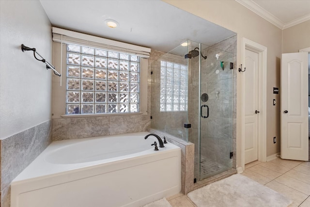 5206 Summer Snow Dr, Houston, TX 77041 - full bath with a garden tub, a stall shower, tile patterned floors, and crown molding