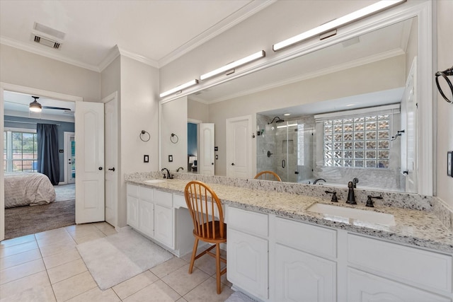 5206 Summer Snow Dr, Houston, TX 77041 - ensuite bathroom featuring a shower stall, tile patterned flooring, ornamental molding, double vanity, and ceiling fan