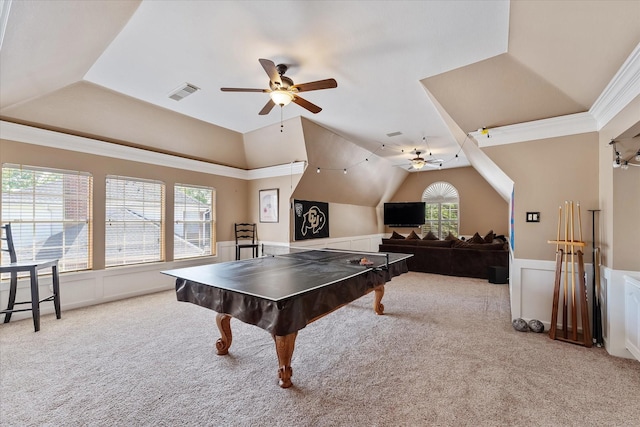 5206 Summer Snow Dr, Houston, TX 77041 - recreation room featuring a ceiling fan, light colored carpet, wainscoting, a decorative wall, and lofted ceiling