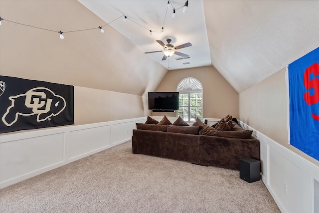 5206 Summer Snow Dr, Houston, TX 77041 - living area featuring carpet, vaulted ceiling, a ceiling fan, a wainscoted wall, and a decorative wall