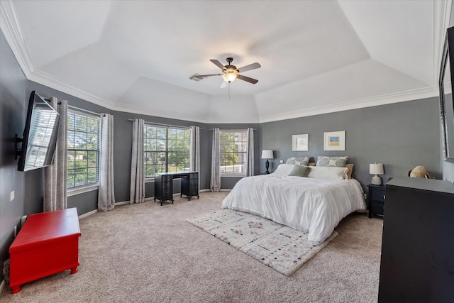 5206 Summer Snow Dr, Houston, TX 77041 - carpeted bedroom with a tray ceiling, ornamental molding, ceiling fan, and baseboards