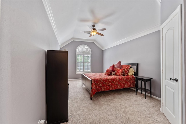 5206 Summer Snow Dr, Houston, TX 77041 - carpeted bedroom with ornamental molding, vaulted ceiling, baseboards, and a ceiling fan