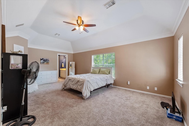 5206 Summer Snow Dr, Houston, TX 77041 - bedroom featuring light colored carpet, vaulted ceiling, crown molding, connected bathroom, and a ceiling fan