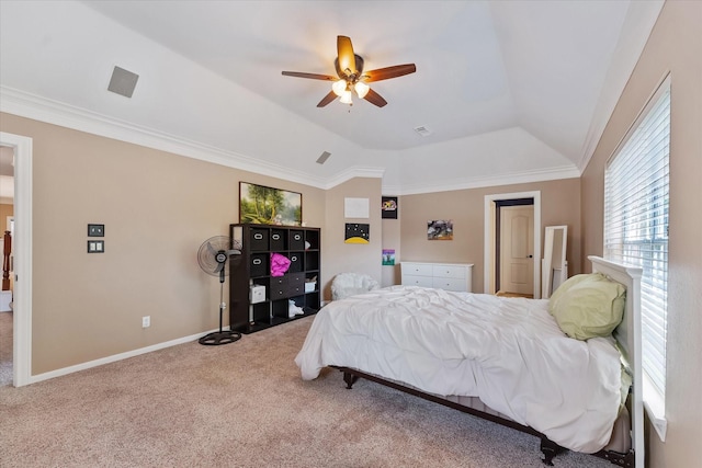 5206 Summer Snow Dr, Houston, TX 77041 - carpeted bedroom with vaulted ceiling, crown molding, ceiling fan, and baseboards