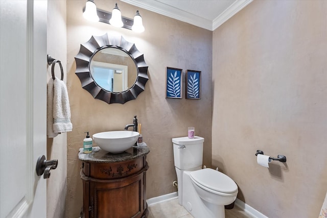 5206 Summer Snow Dr, Houston, TX 77041 - half bath featuring toilet, ornamental molding, vanity, and tile patterned flooring