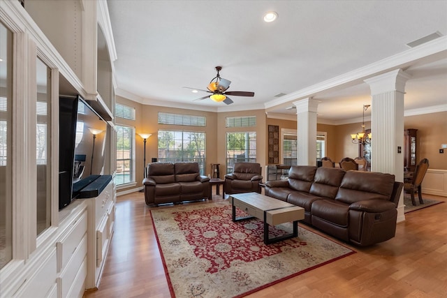 5206 Summer Snow Dr, Houston, TX 77041 - living room featuring ornate columns, crown molding, wood finished floors, a ceiling fan, and recessed lighting