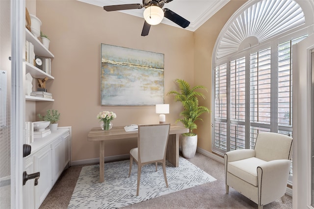 5206 Summer Snow Dr, Houston, TX 77041 - office featuring carpet floors, a ceiling fan, baseboards, and ornamental molding