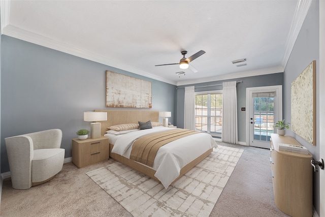 5206 Summer Snow Dr, Houston, TX 77041 - bedroom featuring light colored carpet, crown molding, access to outside, baseboards, and ceiling fan