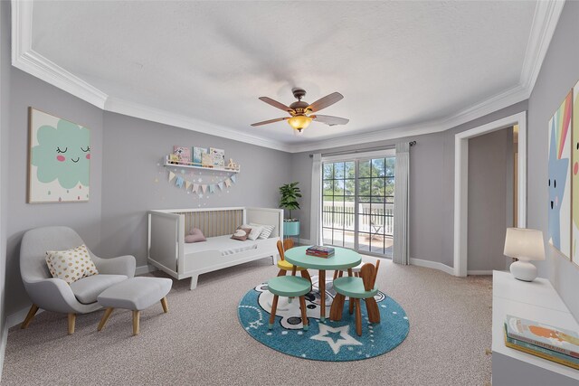 5206 Summer Snow Dr, Houston, TX 77041 - carpeted bedroom featuring ornamental molding, ceiling fan, and baseboards
