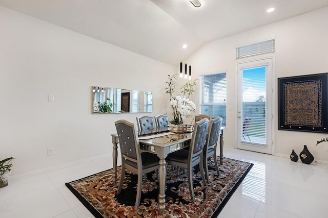 tiled dining area featuring baseboards, vaulted ceiling, and recessed lighting